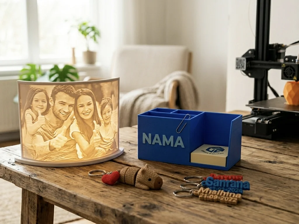 Személyre szabott 3D nyomtatott ajándéktárgyak asztalon